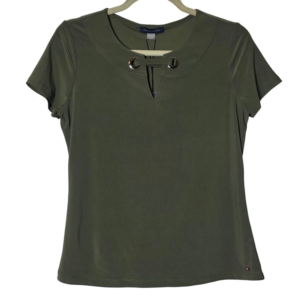Tommy Hilfiger Army Green Grommet Keyhole Short Sleeve Top Small NWT H96TM44A